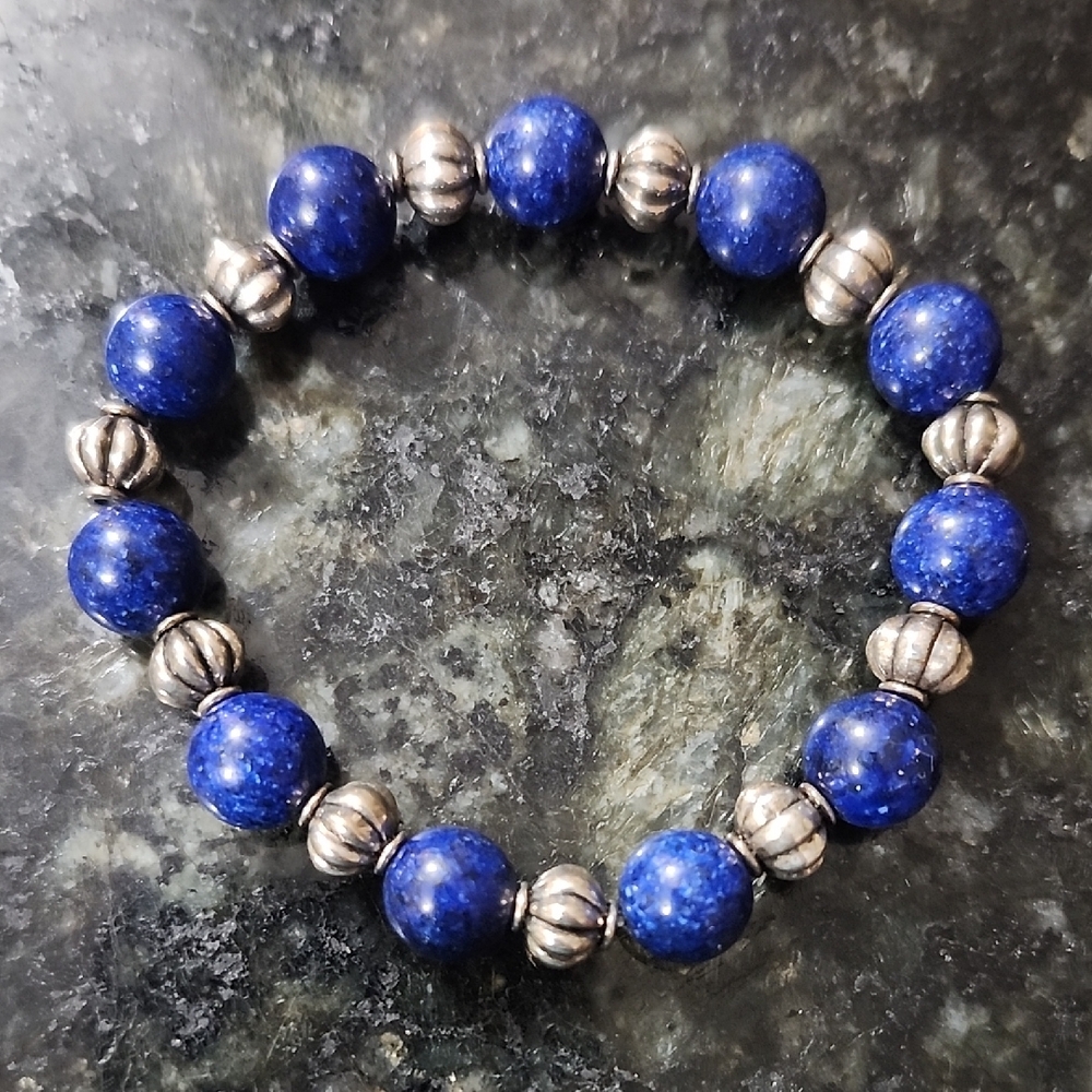 Handmade Blue Lapis and Antique Silver Beaded Bracelet